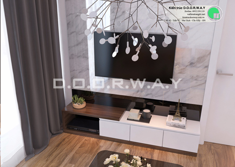 Thi công nội thất chung cư 2 phòng ngủ nhà chị Thanh Sunsquare by kiến trúc Doorway phòng khách góc 01